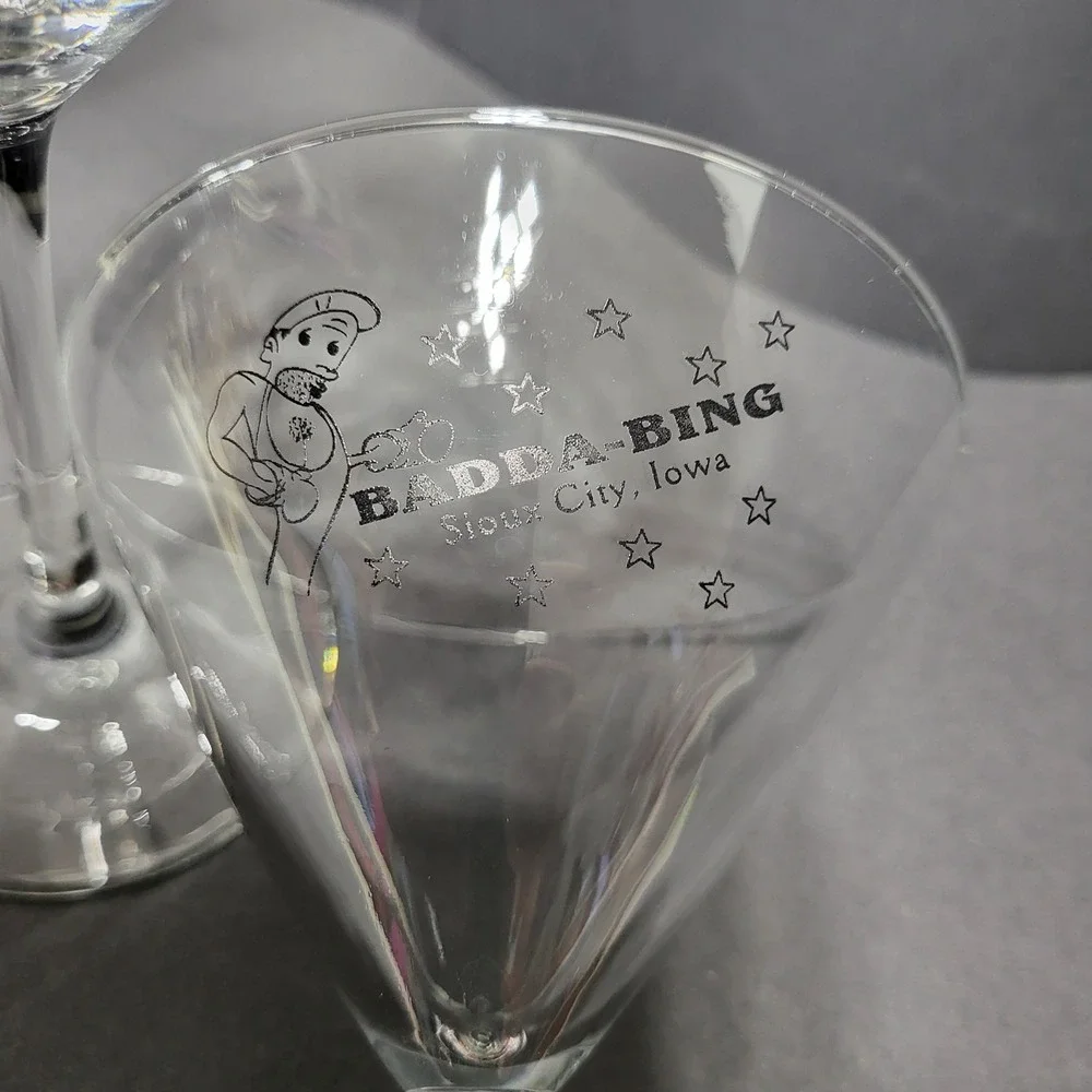Set of 2 Badda-Bing Sioux City Iowa Martini Glasses Clear Novelty Barware 7.25in